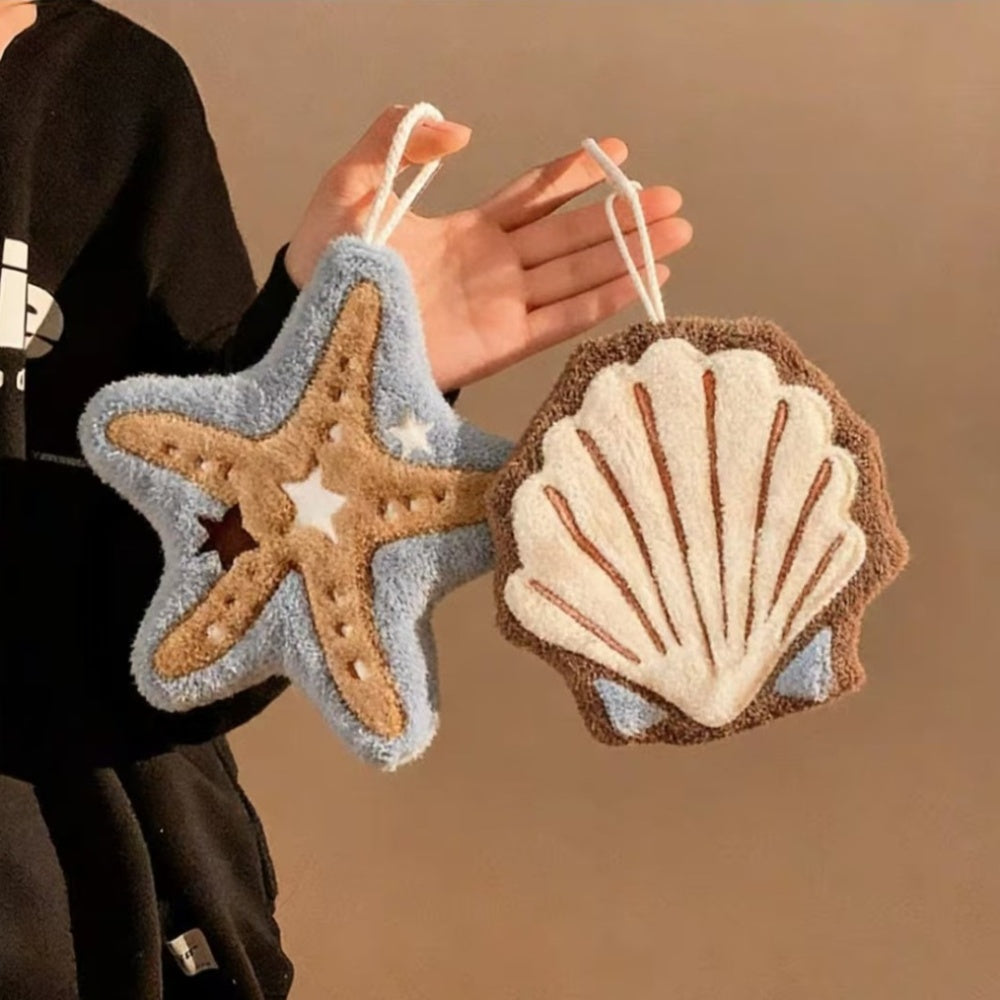 2pcs Set of Cute Ocean-Themed Hanging Hand Towels, Starfish And Shell-Shaped Soft And Absorbent Plush Towels, with Hanging Loops, Decorative Towels for Bathroom And Kitchen