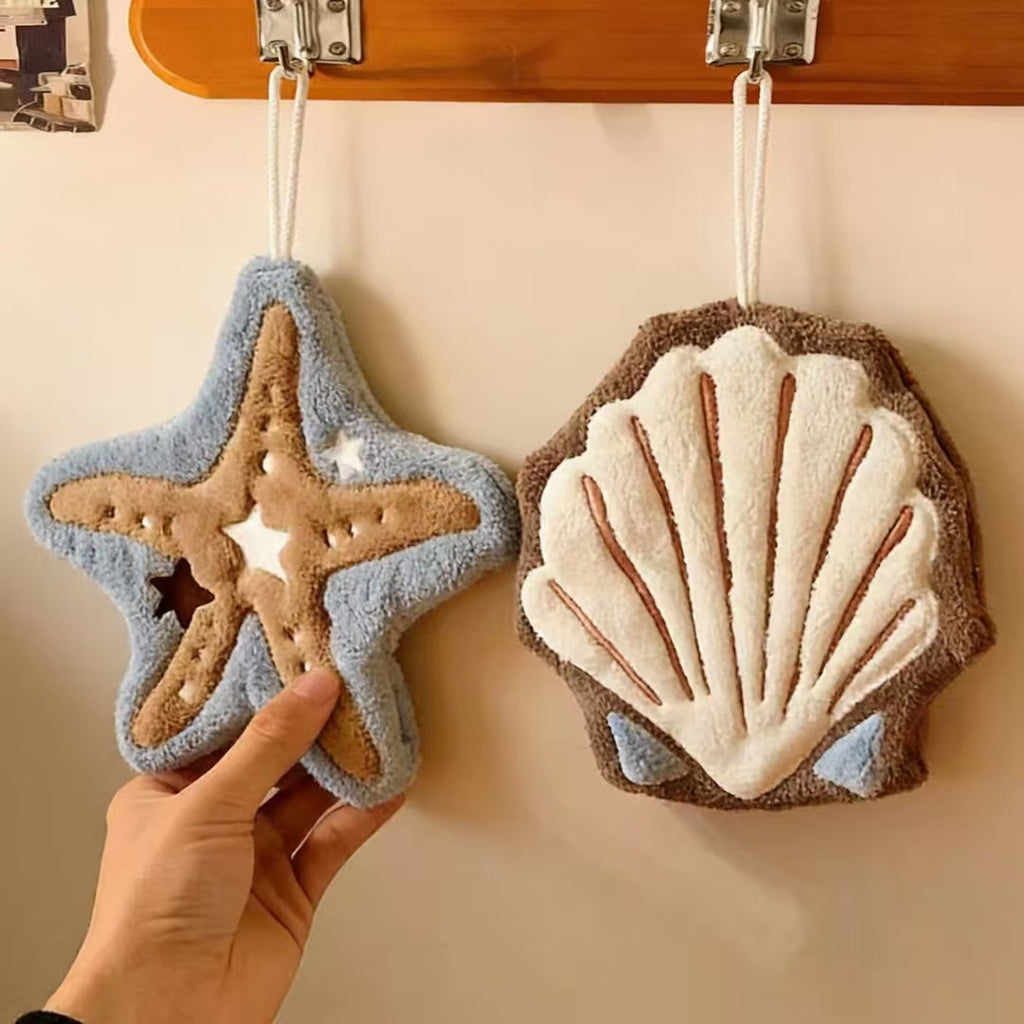 2pcs Set of Cute Ocean-Themed Hanging Hand Towels, Starfish And Shell-Shaped Soft And Absorbent Plush Towels, with Hanging Loops, Decorative Towels for Bathroom And Kitchen