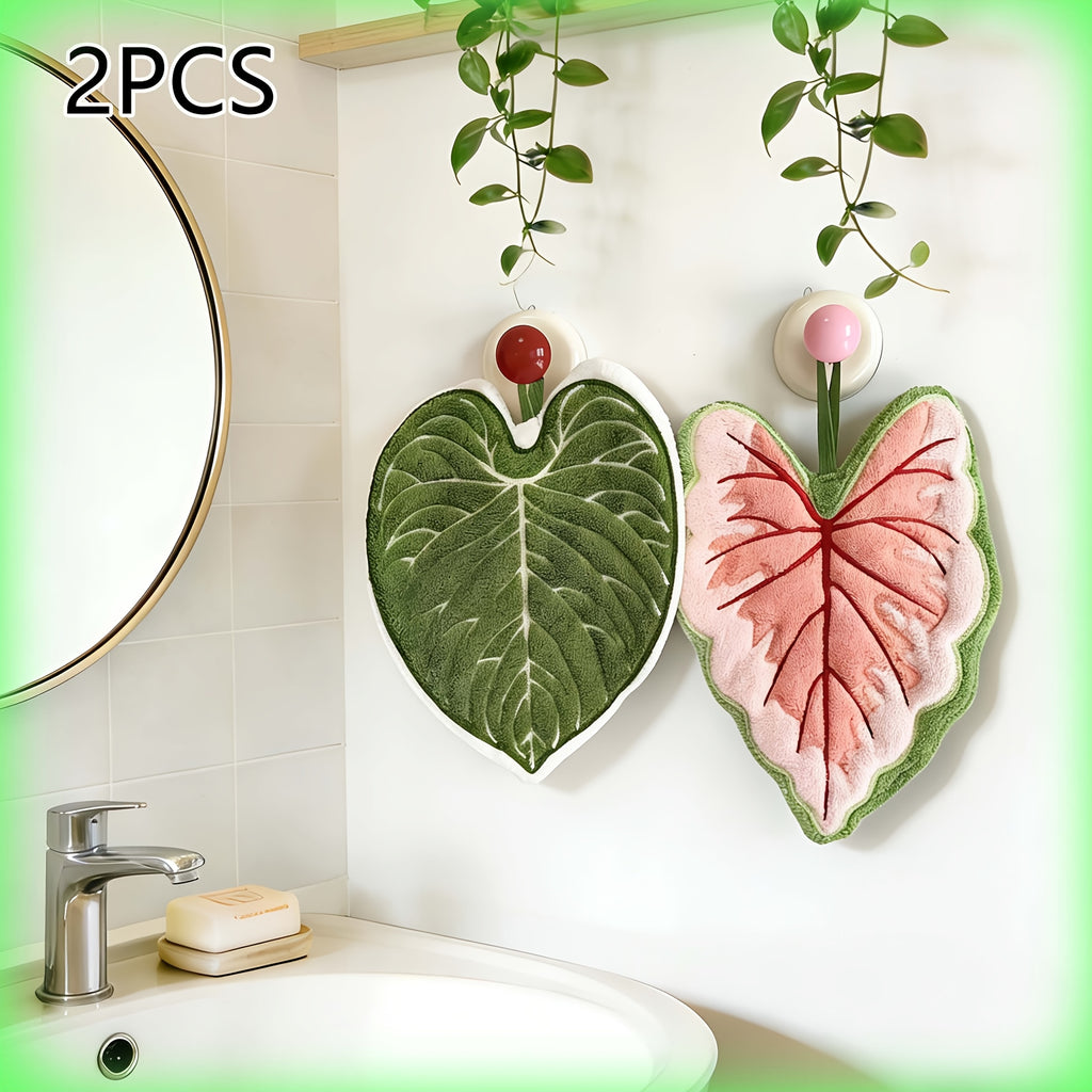 2-Pack Creative Leaf Bathroom Hand Towels - Hangable Design, Absorbent Material, Suitable for Bathroom, Dining Room, And Kitchen