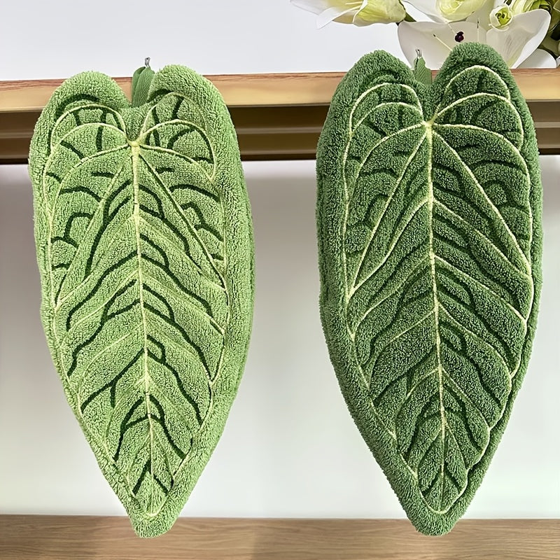Two Pieces of Coral Fleece Imitation Leaf Hand Towels, Cute Leaf-Shaped Green Cloths, Thick Absorbent Towels, Portable Hanging Cleaning Cloths for Kitchen And Bathroom, Cleaning Handkerchiefs