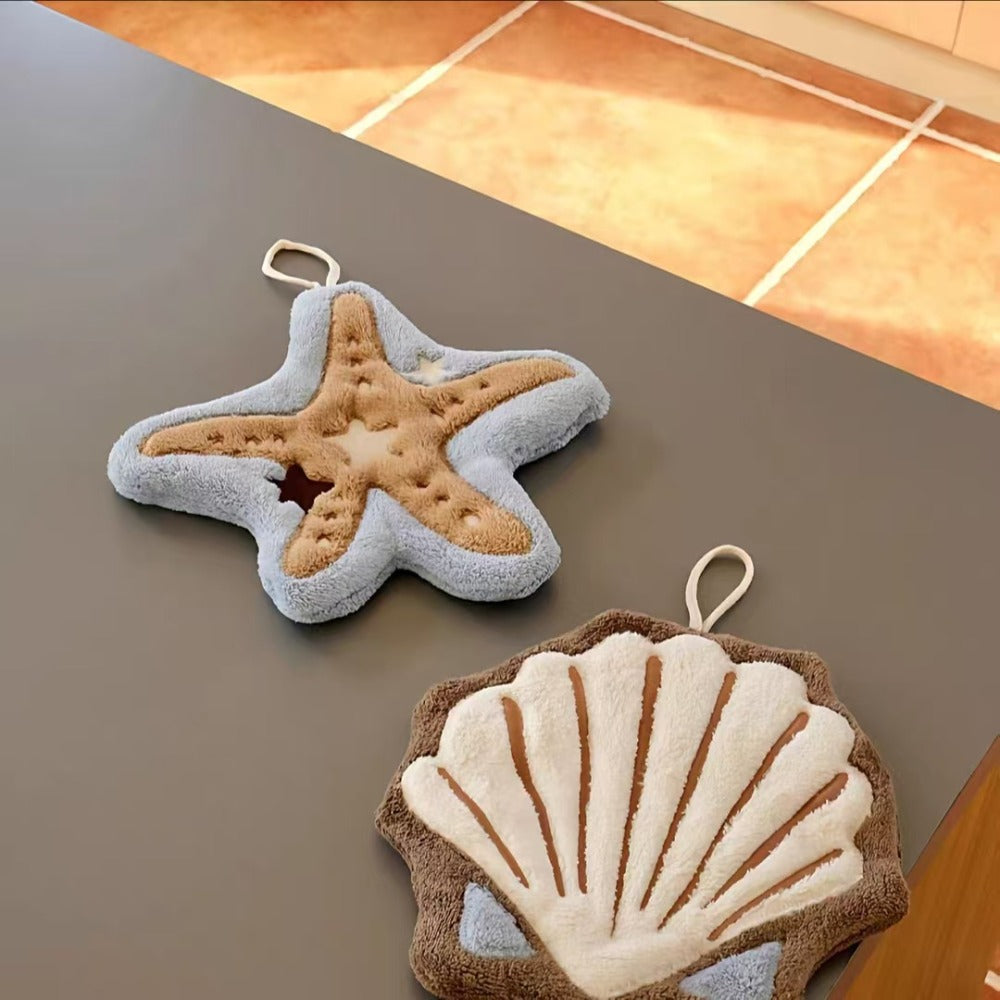 2pcs Set of Cute Ocean-Themed Hanging Hand Towels, Starfish And Shell-Shaped Soft And Absorbent Plush Towels, with Hanging Loops, Decorative Towels for Bathroom And Kitchen