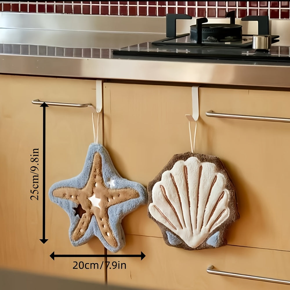2pcs Set of Cute Ocean-Themed Hanging Hand Towels, Starfish And Shell-Shaped Soft And Absorbent Plush Towels, with Hanging Loops, Decorative Towels for Bathroom And Kitchen